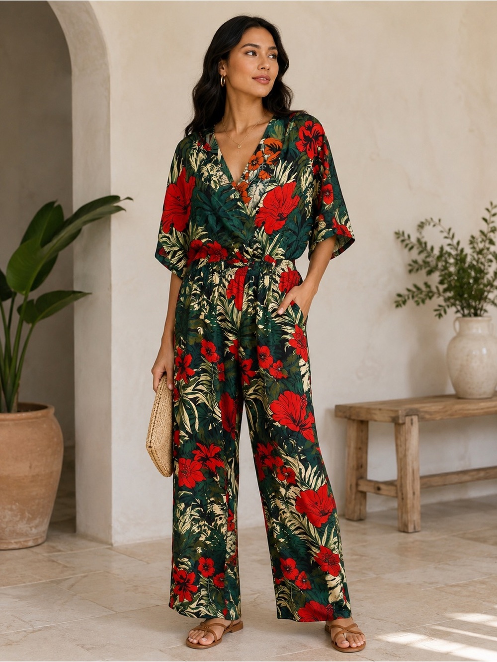 Zara Green Jumpsuit with Red Floral Print